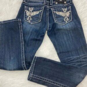 Miss Me Wing Cross Capri Jeans Stonewood Dark Wash Embellished White Top Stitch